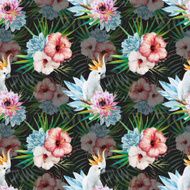 Watercolor pattern with parrot and flowers N4