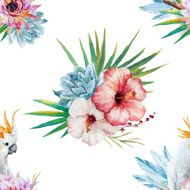 Watercolor pattern with parrot and flowers N6