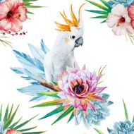Watercolor pattern with parrot and flowers N7