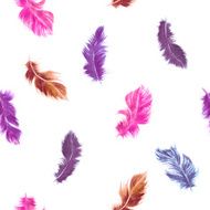 Watercolor feather seamless pattern in pink purple and violet colors