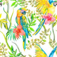 Macaw seamless pattern Topical flower and leaves hibiscus Tropical parrot N2