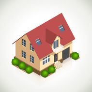 House 3d vector icon with green bushes