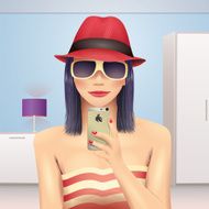 Girl taking self portrait in hat and sunglasses