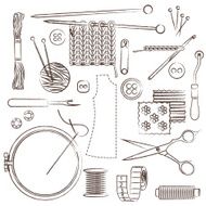 Hand drawn sewing and needlework related symbols