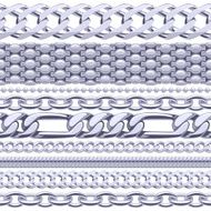 Assorted silver chains on white