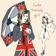 Fashion trendy girl hold umbrella with British flag print