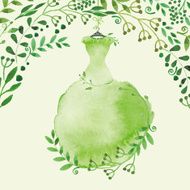 Watercolor Spring background Green Dress and branches