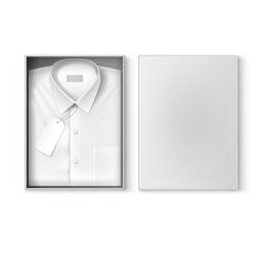 White classic men shirt with label in the packaging box