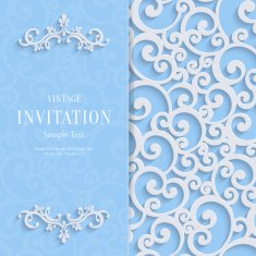 Vector Blue 3d Vintage Invitation Card with Swirl Damask Pattern N3