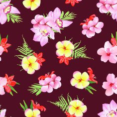 Marsala colored print plumeria frangipani orchid flowers Seamless pattern