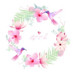 Delicate tropical flowers with flying hummingbirds round vector frame