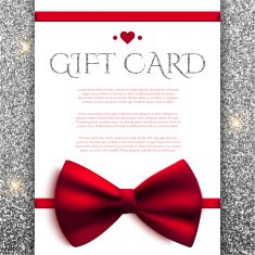 Gift card with red bow on silver glitter background