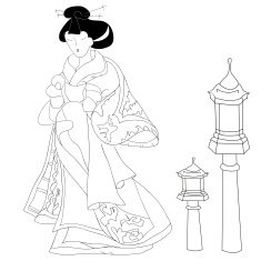 Hand drawn Japanese woman wears traditional japanese kimono and