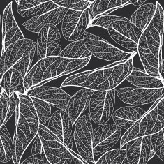 Leaves contours on black background floral seamless pattern for fabric