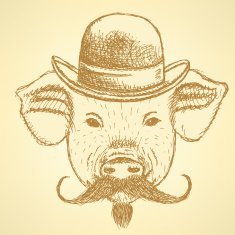 Sketch pig in hat with mustche vector ackground N2