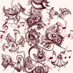 Floral pattern with butterflies sit on a stylized flower