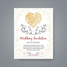 Wedding invitation card template with hand drawn flowers and heart