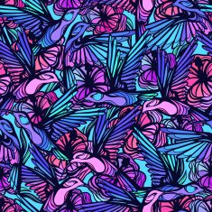 Flying tropical hummingbirds with flowers seamless pattern