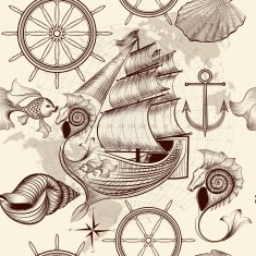 Antique pattern with ship shells and map tripping theme N2