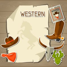 Wild west background with cowboy objects and stickers