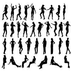 Vector silhouettes of dancing standing and sitting women Women in
