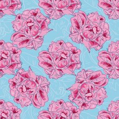 Peony Seamless Vector Pattern on blue background
