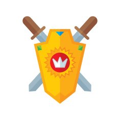 Shield and swords vector logo illustration in flat style