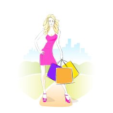 Shopping Woman With Bags Wear Pink Dress Standing