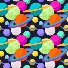 Bright cartoon cosmic seamless pattern with funny planets in space N3