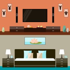 illustration in trendy flat style with room and bedroom interior
