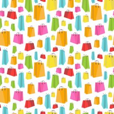 Flat colorful shopping bags on white seamless pattern