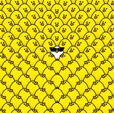 White Chick in Ladies Sunglasses Surrounded by Staring Yellow Ch