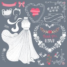 Bridal shower Dress Floral Decor elements set Outline