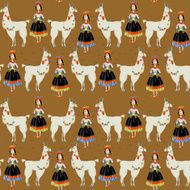 Lama Alpaca and knitting Peruvian woman Seamless background pattern