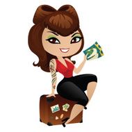 Beautiful girl in retro style with suitcase and tickets hand