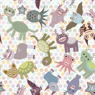 Polka dot background seamless pattern Funny cute dinosaur monsters Vector