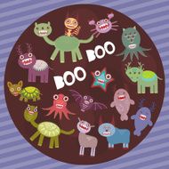 Funny frightening monsters on purple striped background party card design