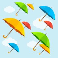 Vector colorful umbrellas fly with clouds Flat Design