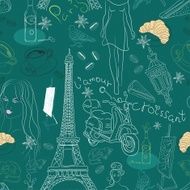 Seamless background with different Paris doodle elements N2