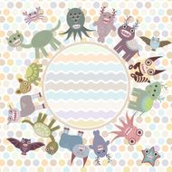 Polka dot background card for text in circle cute monsters