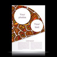 White flyer with orange geometric designs in tribal style
