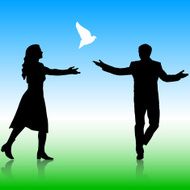Silhouettes girl and guy released doves into the sky