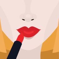 Putting red lipstick on lips beauty concept