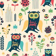 Colorful floral seamless pattern with love owls