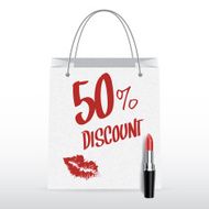 Vector shopping bag with lipstick 50 percent discount concept