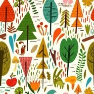 Cute forest background with different trees bird and other in