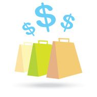 color paper shopping bags and money icon isolated on white