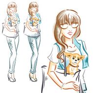 Fashion girl with little dog chihuahua