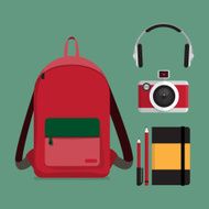 Red backpack with multiple items