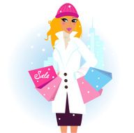 Winter shopping Beautiful brown hair woman with pink bags
